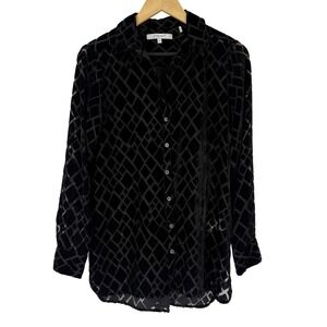 Foxcroft NYC Womens Velvet Burnout Button Up Top Size 6 Black Diamond Sheer